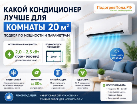 ❄️ Какой кондиционер выбрать для комнаты 20 м²: точный подбор без ошибок