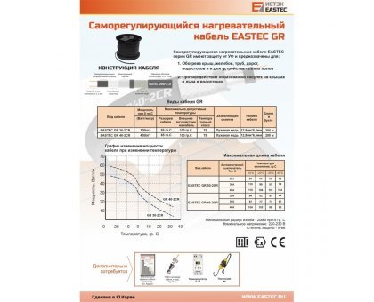 Греющий кабель саморегулирующийся для обогрева кровли и водостоков (с защитным экраном) EASTEC GR 40-2 CR, 40 Вт/пог м